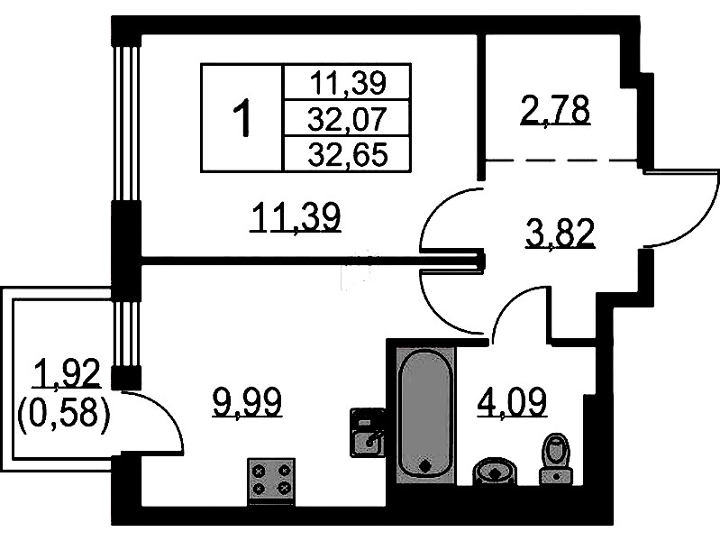 1-комнатная квартира 32.65 м², 6/12 эт., ЖК «Невская Долина»